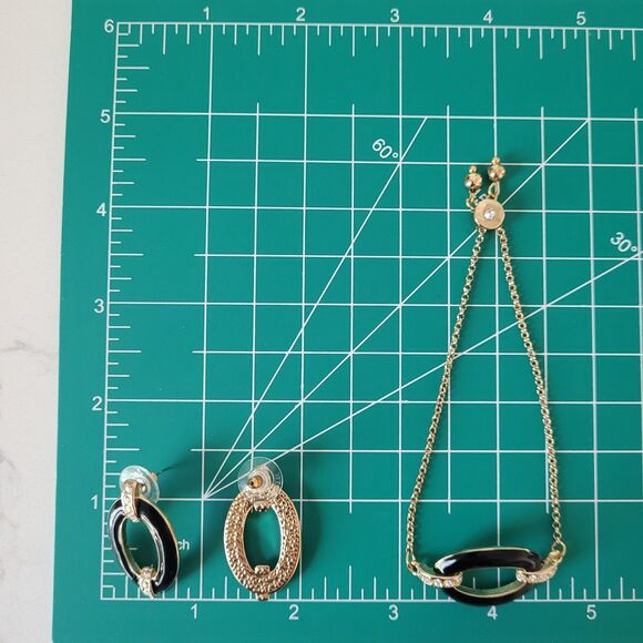 3 Pc Set Black Enamel Gold Tone Link Necklace Set Rhinestone Chunky 16-19" Vtg - Picture 6 of 16